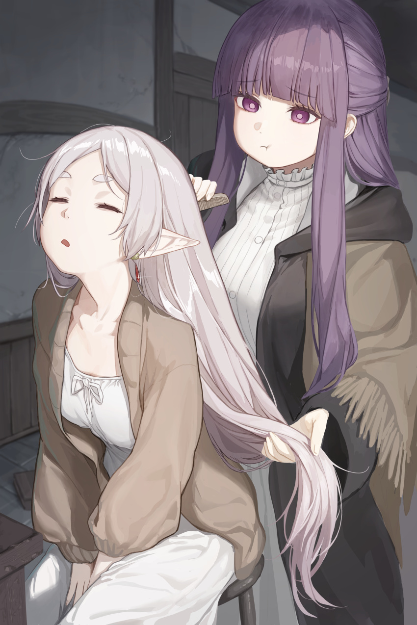 2girls :t absurdres arms_between_legs breasts bright_pupils brushing_another's_hair brushing_hair closed_eyes collarbone commentary_request dress earrings elf fern_(sousou_no_frieren) frieren grey_hair hair_brush half_updo highres holding holding_another's_hair holding_hair_brush indoors jewelry large_breasts long_hair looking_at_another marse_(rokudaime) multiple_girls parted_bangs poi pointy_ears purple_eyes purple_hair sidelocks sitting small_breasts sousou_no_frieren very_long_hair white_dress