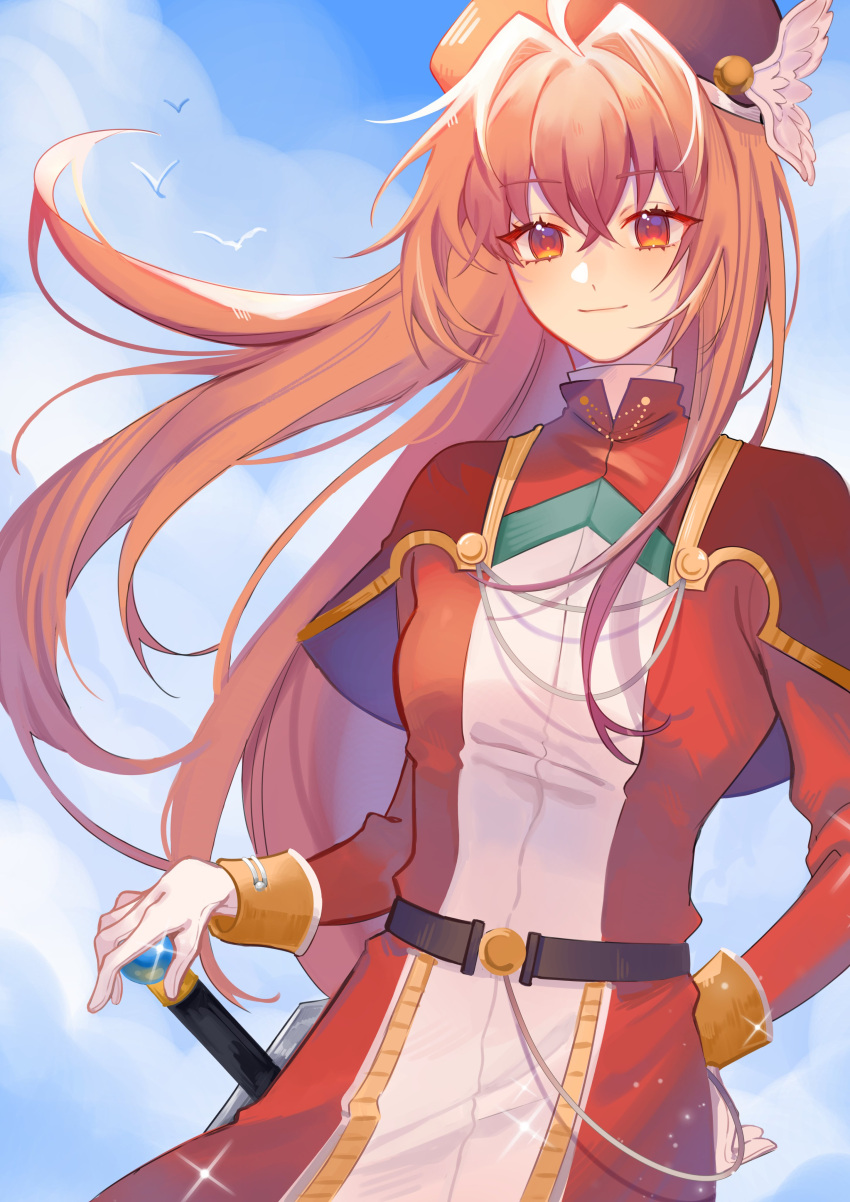 1girl absurdres antenna_hair bird brown_eyes capelet cloud eiyuu_densetsu estelle_bright highres long_hair looking_at_viewer orange_hair outdoors pommel portrait sakuradonuts sky smile solo sora_no_kiseki sword weapon