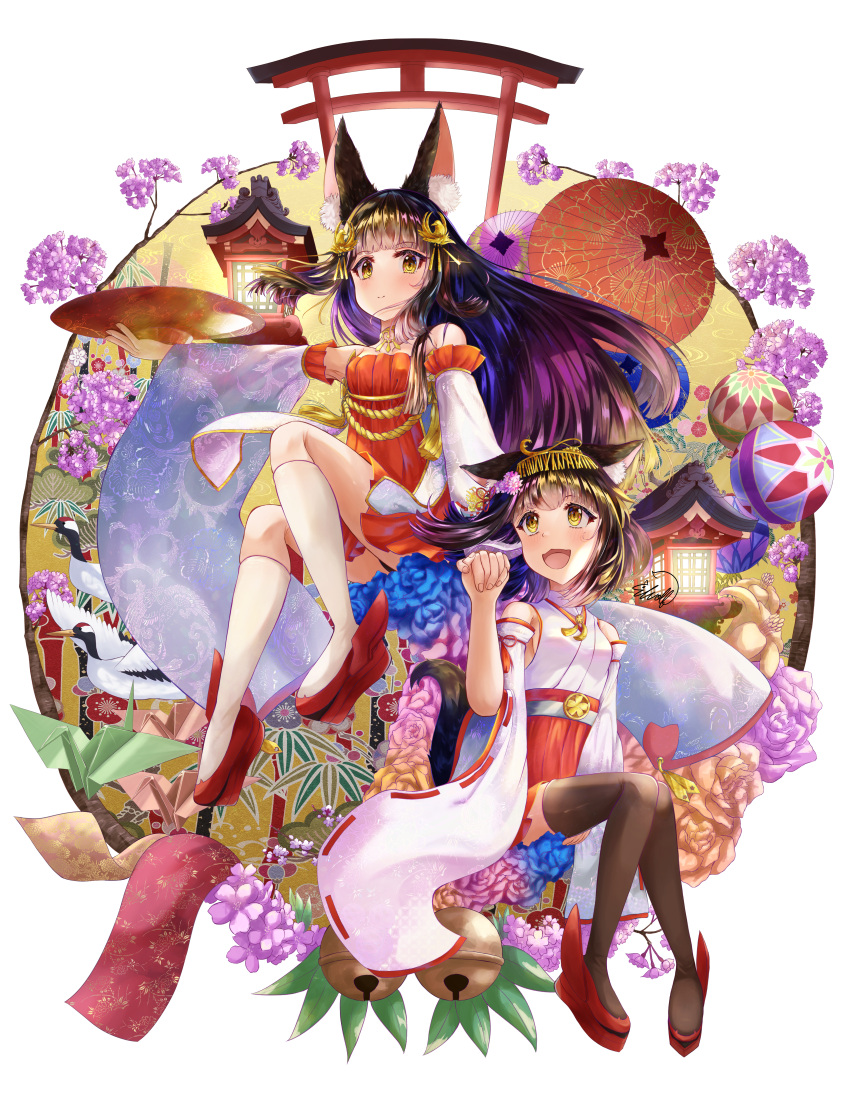 2girls absurdres azur_lane black_hair blue_flower brown_thighhighs dress flower full_body highres japanese_clothes long_hair long_sleeves looking_at_viewer multiple_girls mutsu_(azur_lane) nagato_(azur_lane) oil-paper_umbrella open_mouth origami paper_crane purple_flower red_dress red_footwear sitting socks thighhighs torii umbrella very_long_hair werewolf_kg white_sleeves white_socks wide_sleeves yellow_eyes