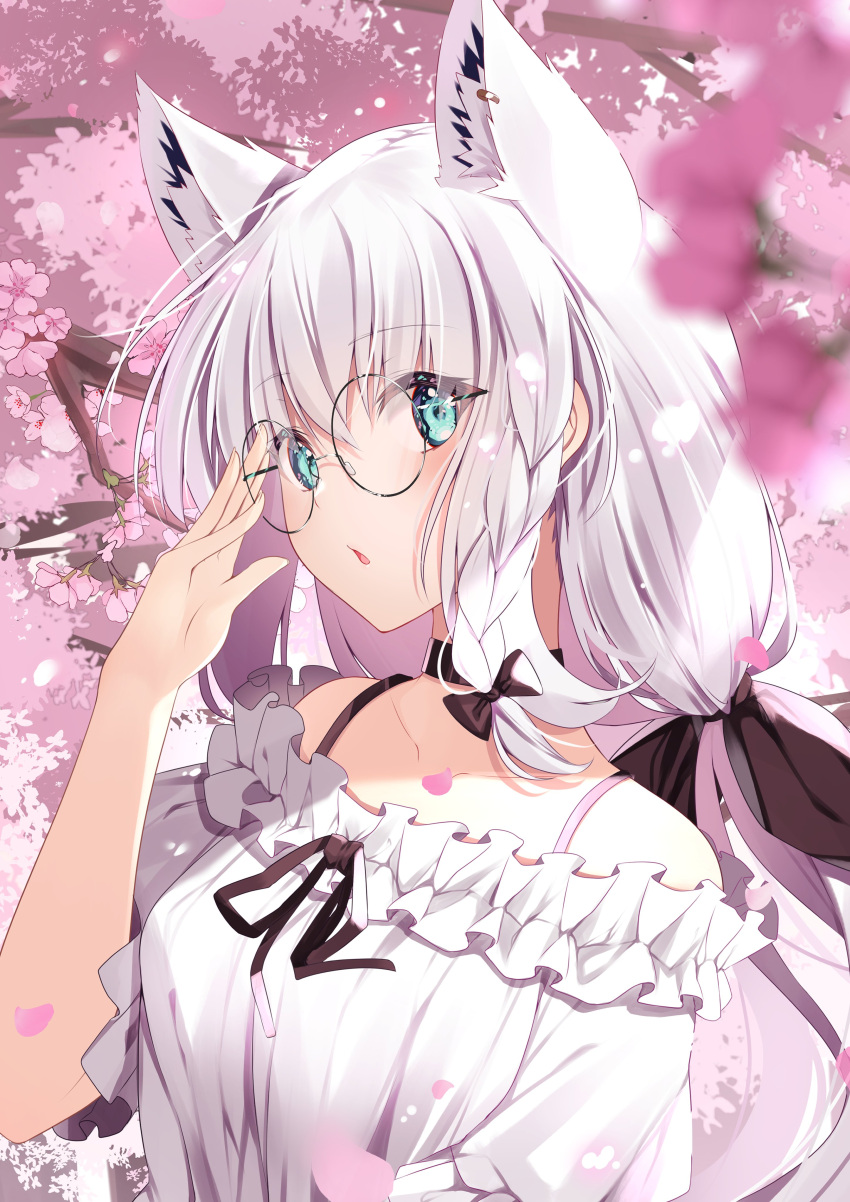 1girl absurdres adjusting_eyewear animal_ear_fluff animal_ears bare_shoulders black_bow black_choker blurry blush borumete bow braid cherry_blossoms choker commentary_request earrings extra_ears fox_ears fox_girl fox_tail glasses green_eyes hair_between_eyes hair_bow highres hololive jewelry long_hair looking_at_viewer off-shoulder_shirt off_shoulder open_mouth shirakami_fubuki shirt sidelocks single_braid solo tail virtual_youtuber white_hair white_shirt
