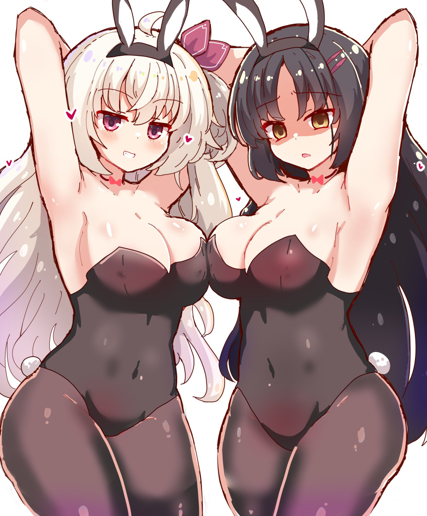 2girls absurdres akizuki_kanna alternate_costume angry animal_ears armpits arms_behind_head arms_up black_hair black_hairband black_leotard black_pantyhose blush bow breast_press breasts cafe_stella_to_shinigami_no_chou cleavage collarbone commentary covered_navel cowboy_shot curvy d: eyelashes fake_animal_ears fake_tail grin hair_between_eyes hair_ornament hairband hairclip hakutocake heart highres jitome large_breasts leotard long_hair multiple_girls one_side_up open_mouth paid_reward_available pantyhose parted_bangs playboy_bunny presenting_armpit purple_eyes rabbit_ears rabbit_tail red_bow red_ribbon ribbon shaded_face shiki_natsume simple_background smile standing strapless strapless_leotard symmetrical_docking tail very_long_hair white_background white_hair yellow_eyes