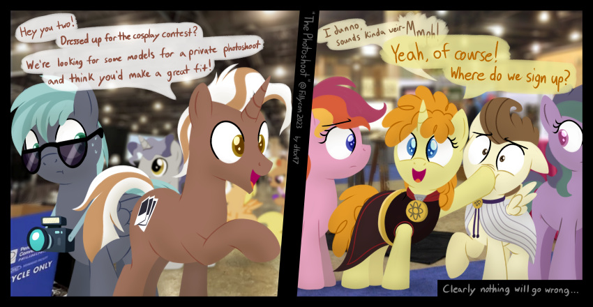 absurd_res brother_(lore) brother_and_sister_(lore) brown_hair camera clothed clothed_feral clothing comic dtcx97 equid equine eyewear feral friendship_is_magic hair hasbro hi_res horn mammal my_little_pony orange_hair pegasus pound_cake_(mlp) pumpkin_cake_(mlp) sibling_(lore) sister_(lore) sunglasses twins_(lore) unicorn wings young