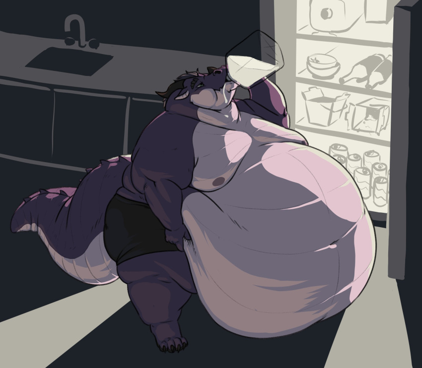 2023 anthro belly beverage big_belly bottomwear claws clothing dragon drinking food grape_derg hand_on_stomach hi_res horn huge_belly inside male moobs morbidly_obese morbidly_obese_anthro morbidly_obese_male nipples obese obese_anthro obese_male overweight overweight_anthro overweight_male shorts solo standing sugarboy tail