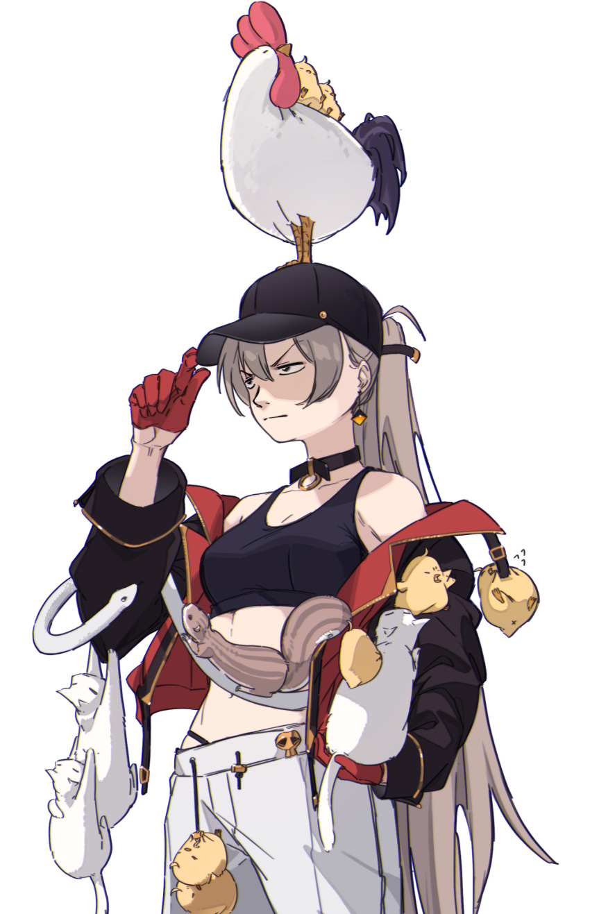 1girl animal animal_on_head azur_lane baggy_pants bare_shoulders baseball_cap bird black_choker black_headwear black_jacket cat chicken choker closed_mouth crop_top earrings gloves hair_between_eyes hair_through_headwear hand_on_headwear hand_up hat hatski.sin high_ponytail highres holding holding_animal jacket jean_bart_(azur_lane) jewelry light_brown_hair long_hair long_sleeves manjuu_(azur_lane) midriff multicolored_clothes multicolored_jacket off_shoulder on_head open_clothes open_jacket pants ponytail red_gloves red_jacket rooster simple_background snake squirrel two-tone_jacket white_background white_cat