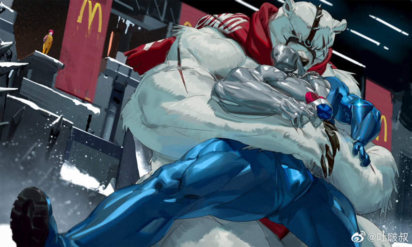 3boys bara bear_boy bulge cloak coca-cola coco-cola_polar_bear feet_out_of_frame from_below furry furry_male highres humanization large_pectorals male_focus mcdonald's multiple_boys muscular muscular_male pectorals pepsiman pepsiman_(game) ronald_mcdonald size_difference thick_thighs thighs tooboshoo wrestling