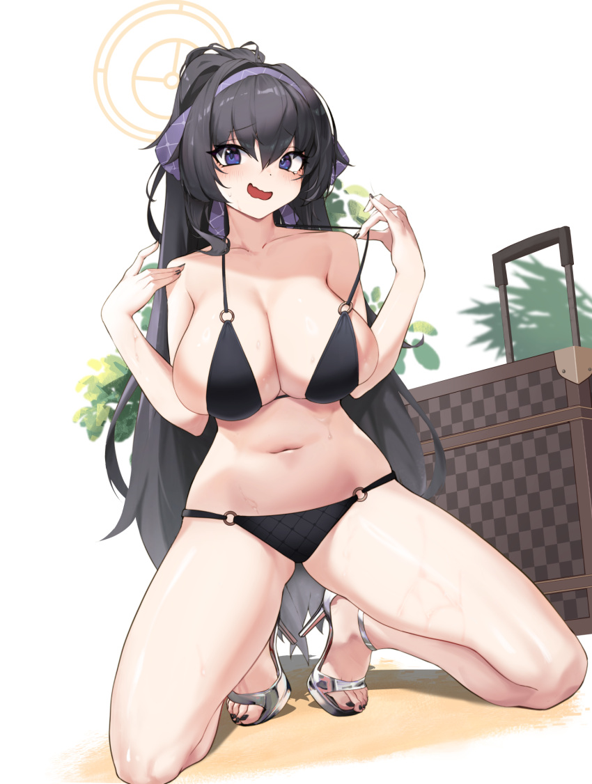 1girl :d alternate_breast_size bare_arms bare_legs bare_shoulders bikini bikini_top_pull black_bikini black_hair blue_archive blush breasts cleavage full_body hairband halo high_heels highres kkkweenie kneeling large_breasts long_hair looking_at_viewer nail_polish navel o-ring o-ring_bikini o-ring_bottom o-ring_top official_alternate_costume open_mouth ponytail purple_eyes purple_hairband smile solo spread_legs stomach string_bikini suitcase sweat swimsuit tearing_up tears toenail_polish toenails toes ui_(blue_archive) ui_(swimsuit)_(blue_archive) very_long_hair white_background