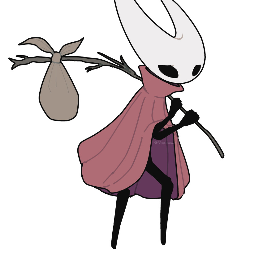 1girl alicezakat bag bindle black_eyes black_skin blank_eyes cloak colored_skin commentary english_commentary full_body hands_up high_collar highres holding holding_stick hollow_knight hornet_(hollow_knight) knapsack legs red_cloak sad simple_background solo standing stick white_background