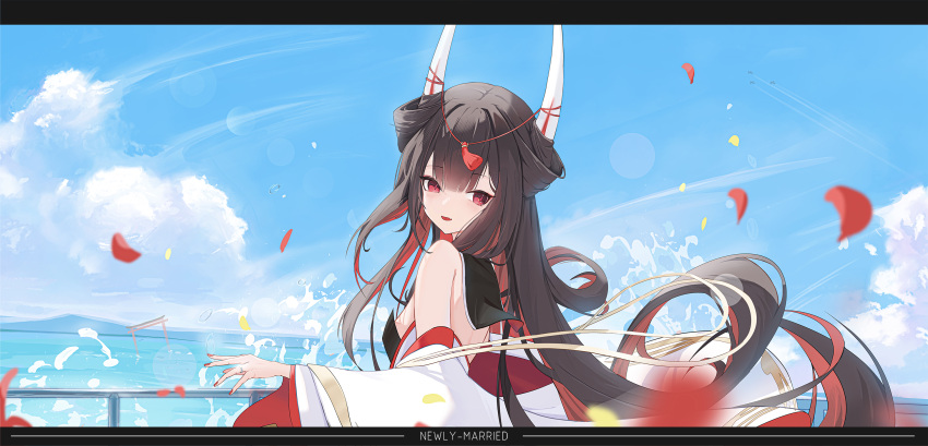 1girl azur_lane bare_shoulders black_hair black_sailor_collar blue_sky cloud colored_inner_hair day detached_sleeves english_commentary english_text falling_petals fang galodos hatsuzuki_(azur_lane) highres horns japanese_clothes jewelry kimono letterboxed long_hair long_sleeves looking_at_viewer multicolored_hair nail_polish ocean open_mouth outdoors petals red_eyes red_hair red_nails ring sailor_collar skin_fang sky smile solo sunlight torii upper_body very_long_hair water waves wedding_ring wide_sleeves