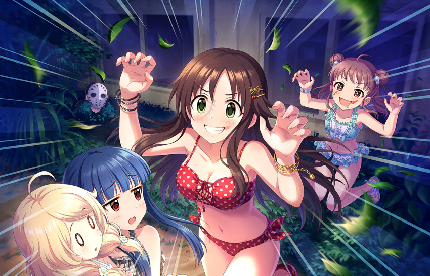 5girls ahoge arms_up bikini blonde_hair blue_footwear blue_hair blunt_bangs bracelet breasts brown_hair claw_pose cleavage collarbone double_bun dress drooling emphasis_lines fake_scar floating frilled_bikini frills green_eyes grin hair_bobbles hair_bun hair_flaps hair_ornament hairclip himekawa_yuki hockey_mask idolmaster idolmaster_cinderella_girls idolmaster_cinderella_girls_starlight_stage jewelry leaf light_blush low_twintails mask medium_breasts motion_blur multiple_girls munakata_atsumi navel no_nose o_o official_art parted_lips plaid plaid_dress polka_dot polka_dot_bikini red_bikini red_eyes sajo_yukimi side-tie_bikini_bottom sleeveless sleeveless_dress small_breasts smile sparkling_eyes swept_bangs swimsuit thighs twintails v-shaped_eyebrows yusa_kozue