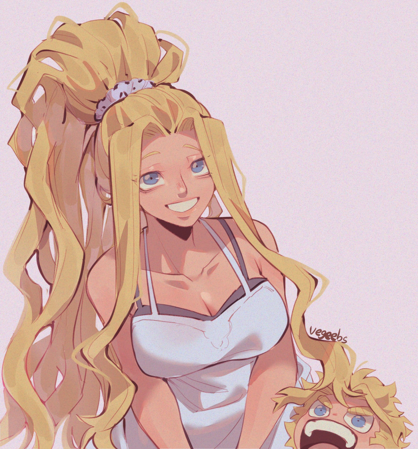 1boy 1girl addy_(@vegeebs) aged_down all_might's_mother blue_eyes boku_no_hero_academia breasts child cleavage highres large_breasts long_hair mother_and_son open_mouth ponytail yagi_toshinori