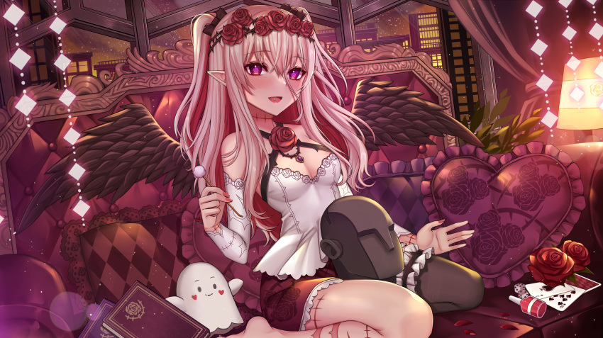 1girl absurdres bare_shoulders black_thighhighs card detached_sleeves flower gu_li hair_ornament highres indie_virtual_youtuber kneeling long_hair long_sleeves looking_at_viewer open_mouth piercing pink_hair playing_card pointy_ears purple_eyes purple_skirt rose scar scar_on_leg single_thighhigh skirt smile solo thighhighs thighs tongue_piercing two_side_up virtual_youtuber wings