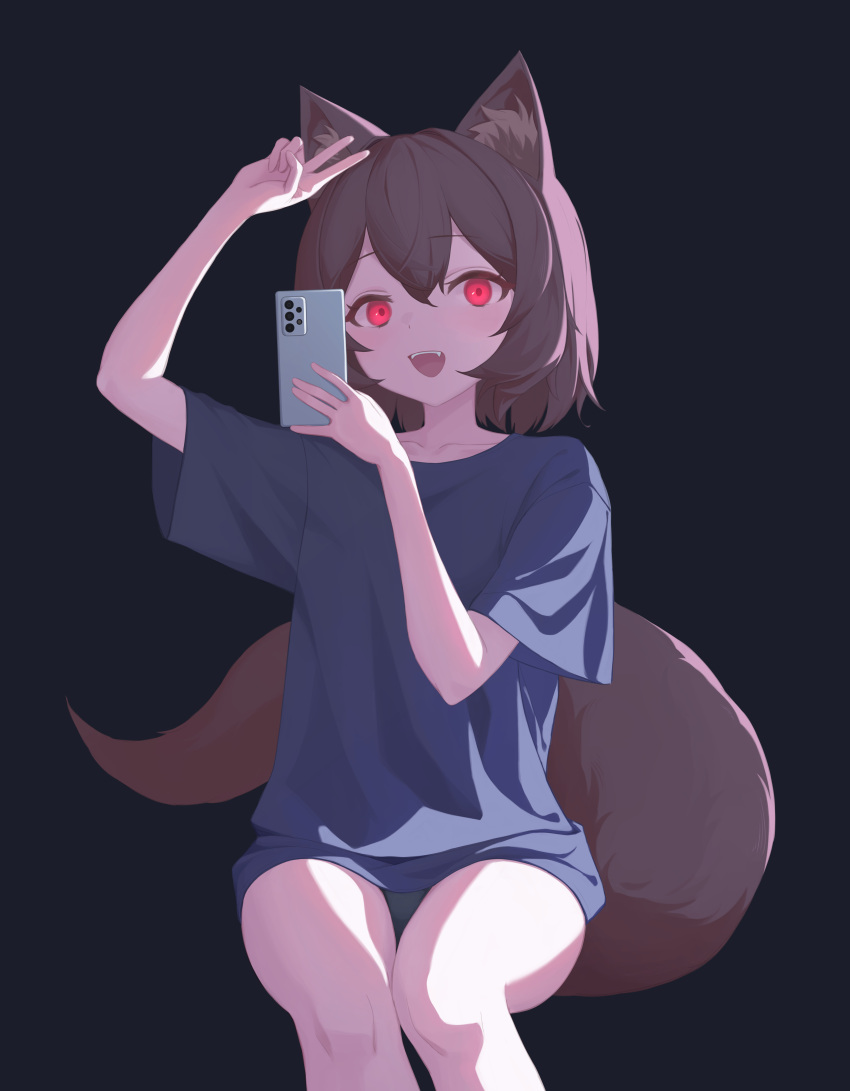 1girl :d absurdres animal_ear_fluff animal_ears black_background black_panties black_shirt brown_hair cellphone ellu highres invisible_chair looking_at_viewer no_pants open_mouth original panties phone red_eyes shirt short_hair short_sleeves simple_background sitting smartphone smile tail underwear v