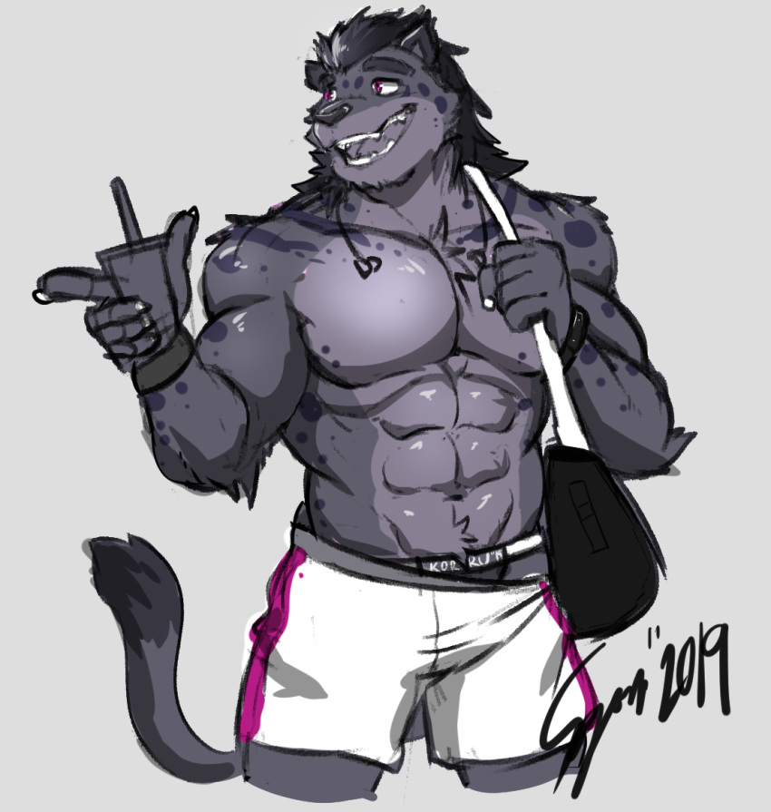 abs anthro biceps bottomwear clothed clothing felid fingers fur hair jaguar jockstrap lofnirv male mammal muscular muscular_anthro muscular_male pantherine pecs shorts simple_background smile solo spots tail teeth topless underwear