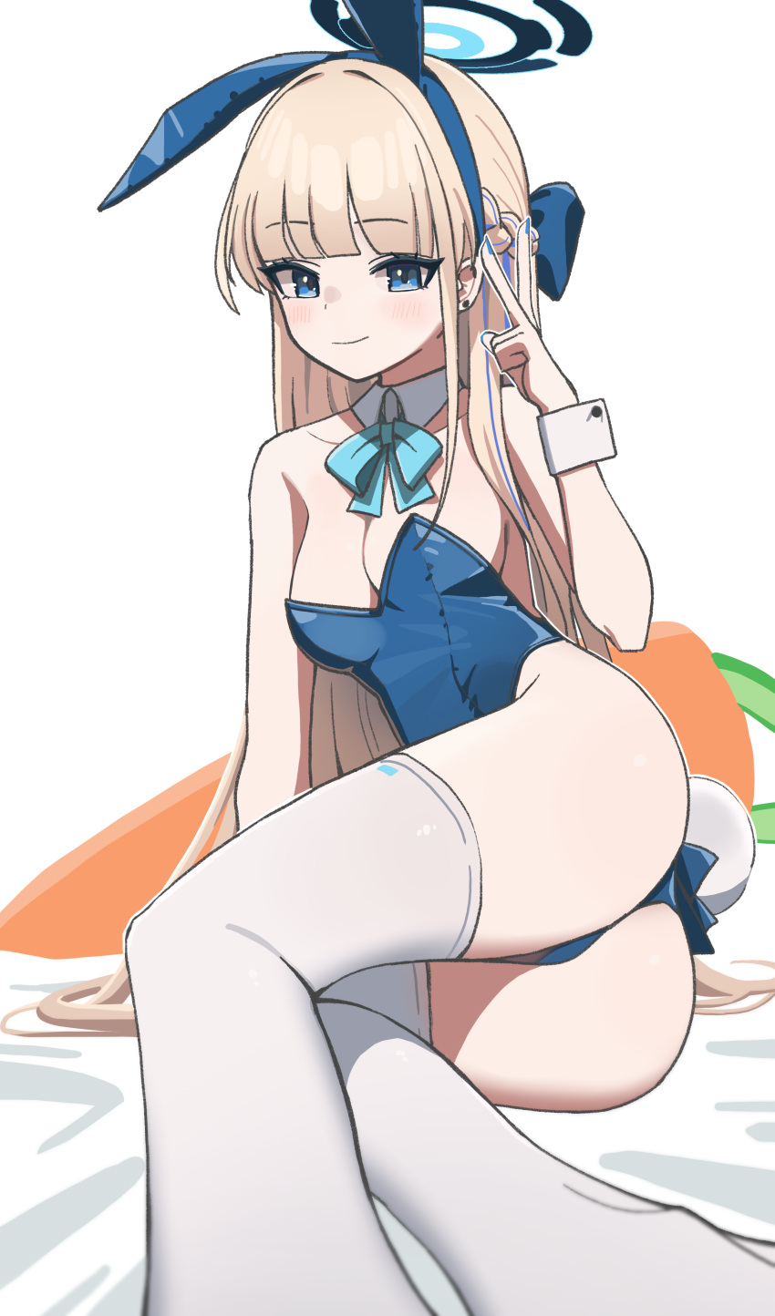 1girl absurdres animal_ears aqua_ribbon arm_support ass blonde_hair blue_archive blue_bow blue_eyes blue_hair blue_nails bow braid breasts carrot_pillow cleavage closed_mouth detached_collar earrings fake_animal_ears fake_tail foreshortening french_braid hair_bow halo highres jewelry long_hair medium_breasts momocadraw multicolored_hair nail_polish neck_ribbon playboy_bunny rabbit_ears rabbit_tail ribbon smile solo streaked_hair tail thighhighs toki_(blue_archive) toki_(bunny)_(blue_archive) v very_long_hair white_thighhighs wrist_cuffs