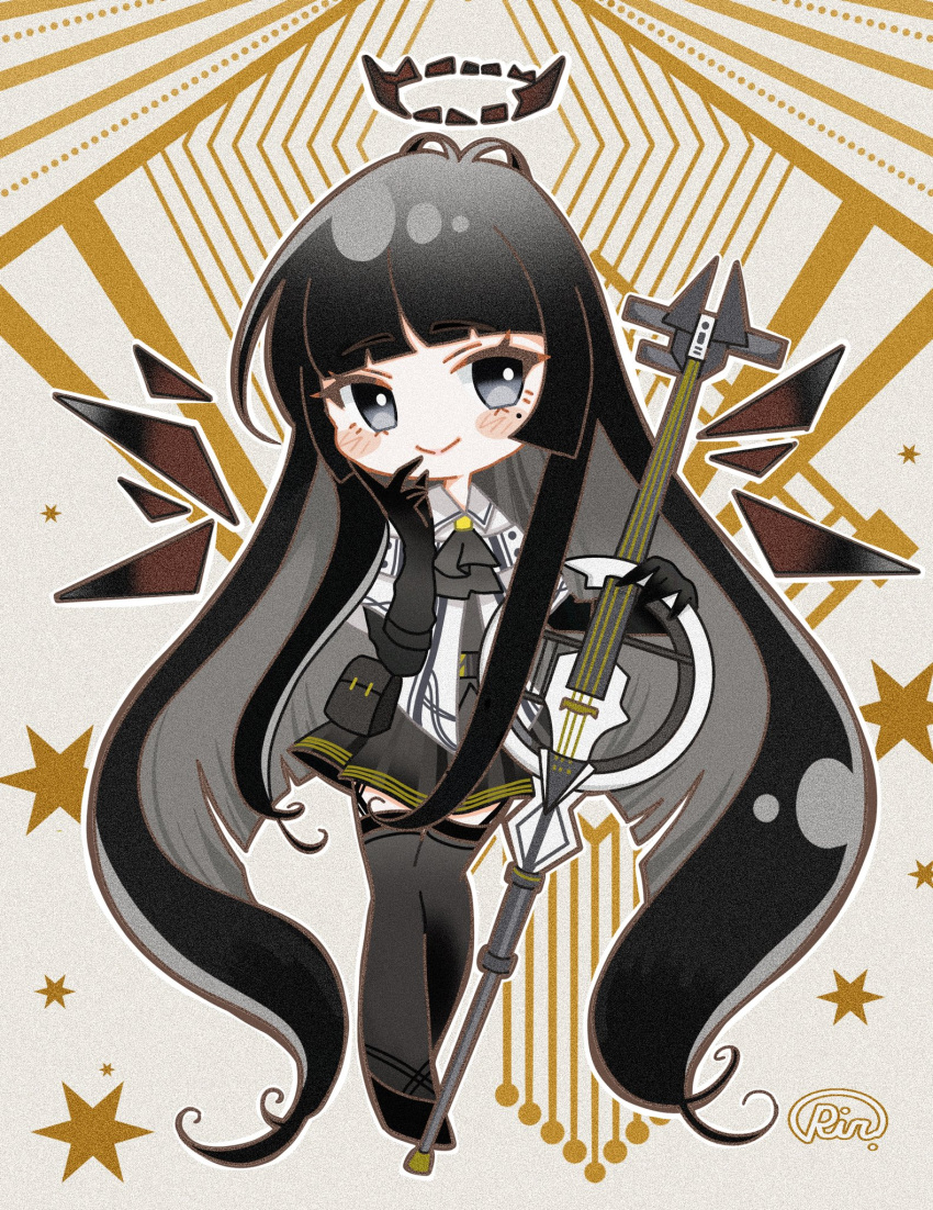1girl antenna_hair arknights artist_name ascot belt belt_buckle belt_pouch black_ascot black_belt black_eyes black_footwear black_garter_straps black_gloves black_hair black_halo black_pouch black_skirt black_sleeves black_thighhighs black_wings blunt_bangs blush bright_pupils broken_halo brown_outline buckle cello closed_mouth collared_jacket colored_inner_hair commentary_request dark_halo deformed detached_wings energy_wings facing_viewer film_grain full_body garter_straps gloves grey_hair grey_shirt halo hand_on_own_cheek hand_on_own_face hands_up highres hime_cut holding holding_instrument holding_violin instrument invisible_floor jacket layered_sleeves long_hair long_sleeves looking_to_the_side miniskirt mole mole_under_eye multicolored_background multicolored_hair outline pale_skin pleated_skirt pouch riiiin_poca sepia_background shirt short_over_long_sleeves short_sleeved_jacket short_sleeves sidelocks signature skirt smile solo standing star_(symbol) strappy_heels thighhighs two-tone_background two-tone_hair very_long_hair violin virtuosa_(arknights) white_belt white_jacket white_outline white_pupils wide_sleeves wing_collar wings yellow_background zettai_ryouiki