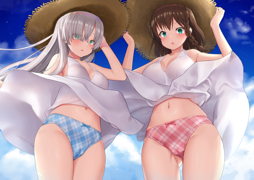 2girls :o anastasia_(fate) blue_panties blue_sky bow bow_panties braid brown_hair cameltoe charlotte_corday_(fate) clothes_lift cloud day dress dress_lift embarrassed fate/grand_order fate_(series) green_eyes grey_hair hair_over_eyes hand_on_headwear hat long_hair looking_at_viewer medium_hair multiple_girls navel open_mouth outdoors panties plaid plaid_panties red_panties sky solo standing straw_hat sun_hat sundress thighs torimaru underwear white_dress wind wind_lift