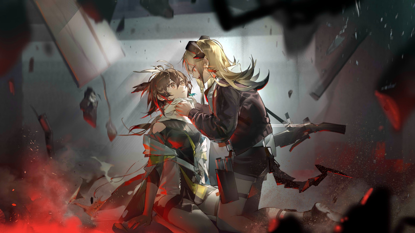 2girls angry arknights artist_request bare_shoulders black_jacket blonde_hair breasts brown_hair clothes_grab debris earrings expressionless falling hands_on_floor highres holster horns ifrit_(arknights) jacket jewelry kneeling long_sleeves medium_breasts multiple_girls official_art red_eyes shorts silence_(arknights) silence_the_paradigmatic_(arknights) tail thigh_holster yellow_eyes