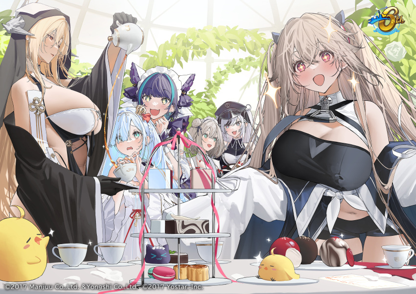 &gt;_&lt; +_+ 6+girls absurdres anchorage_(azur_lane) animal_ears aqua_eyes azur_lane bare_shoulders black_dress black_gloves black_hair black_shorts blonde_hair blue_eyes blue_hair breast_cutout breasts cake cake_slice cheshire_(azur_lane) cleavage cleavage_cutout clothing_cutout crown cup dress elbe_(azur_lane) fake_animal_ears food framed_breasts frilled_hairband frills from_side gloves grey_hair hair_between_eyes hair_bun hair_over_one_eye hairband half_gloves highres holding holding_saucer holding_teapot horns huge_breasts implacable_(azur_lane) indoors janus_(azur_lane) kaoruko_(unkrk55) large_breasts light_blue_hair light_brown_hair long_hair long_sleeves macaron maid_headdress manchester_(azur_lane) manjuu_(azur_lane) mini_crown multicolored_hair multiple_girls navel nun official_art open_mouth pink_ribbon purple_hair red_eyes revealing_clothes ribbon saucer scared second-party_source shorts sleeves_past_fingers sleeves_past_wrists streaked_hair tea tea_party teacup teapot tiered_tray twintails two-tone_dress two-tone_hair veil very_long_hair very_long_sleeves white_dress white_horns wide_sleeves