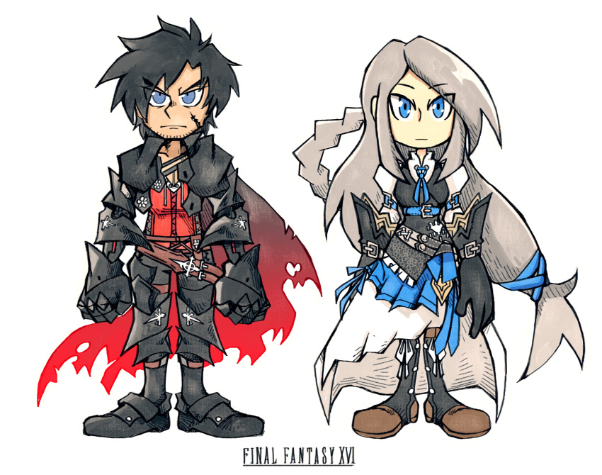 1boy 1girl armor beard_stubble black_cape black_hair blue_eyes braid cape chibi chinstrap_beard clive_rosfield closed_mouth dress facial_hair final_fantasy final_fantasy_xvi gloves grey_hair highres jill_warrick leather_vest long_hair looking_at_viewer scar scar_on_cheek scar_on_face setz short_hair simple_background single_braid square_enix standing tied_drawstring vest white_dress