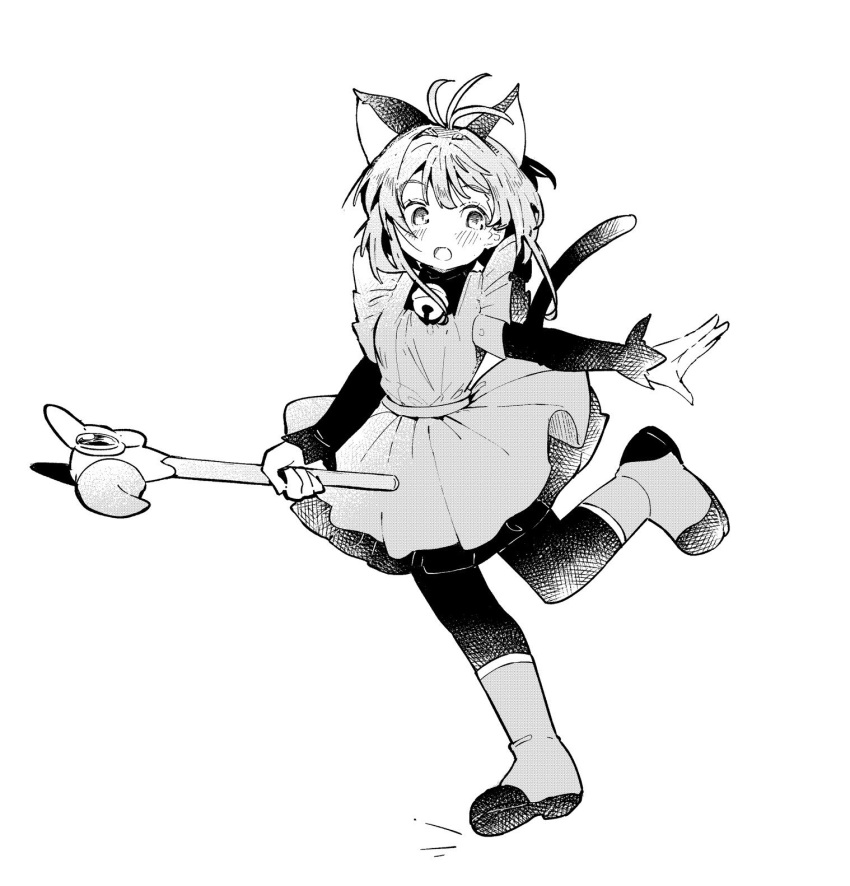 1girl animal_ears antenna_hair apron bell black_dress boots cardcaptor_sakura cat_ears cat_tail dress fake_animal_ears full_body fuuin_no_tsue greyscale highres holding kinomoto_sakura long_sleeves medium_hair monochrome neck_bell open_mouth shimazaki1152 simple_background solo tail white_background