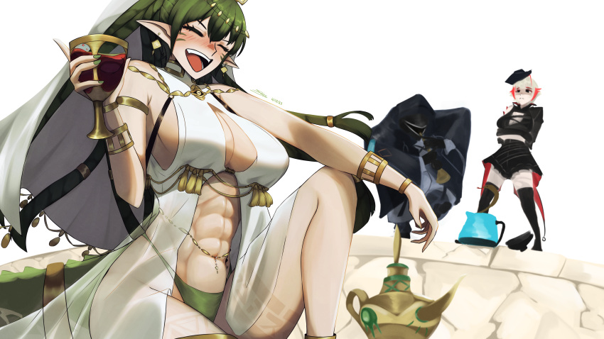1boy 2girls absurdres ambience_synesthesia arknights bare_shoulders black_skirt blush breasts cleavage crocodilian_tail doctor_(arknights) dreadlocks earrings egyptian_clothes gavial_(arknights) green_hair green_nails highres horns huge_breasts jewelry laughing multiple_girls muscular navel_piercing official_alternate_costume official_alternate_hairstyle open_mouth pelvic_curtain piercing pointy_ears red_horns red_wine revealing_clothes sitting skirt stoveface tail thighs w_(arknights) white_hair