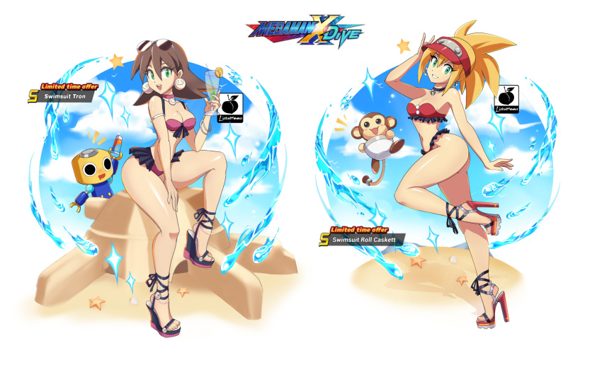 2girls absurdres alternate_costume arched_back arm_up artist_logo artist_name ass bikini black_footwear blonde_hair blue_sky breasts brown_eyes cloud cloudy_sky commentary data_(mega_man) day earrings english_commentary english_text eyelashes eyewear_on_head feet food frilled_bikini frills fruit full_body glass green_eyes hand_up high_heels highres holding jewelry knee_up legs linkartoon logo long_hair medium_breasts medium_hair mega_man_(series) mega_man_x_(series) mega_man_x_dive monkey multiple_girls orange_(fruit) orange_slice outdoors platform_footwear platform_heels purple_bikini red_bikini red_footwear red_headwear roll_caskett_(mega_man) sand_sculpture servbot_(mega_man) shadow sitting sky standing standing_on_one_leg strapless strapless_bikini strappy_heels sunglasses swimsuit thighs toenails toes tron_bonne_(mega_man) visor_cap