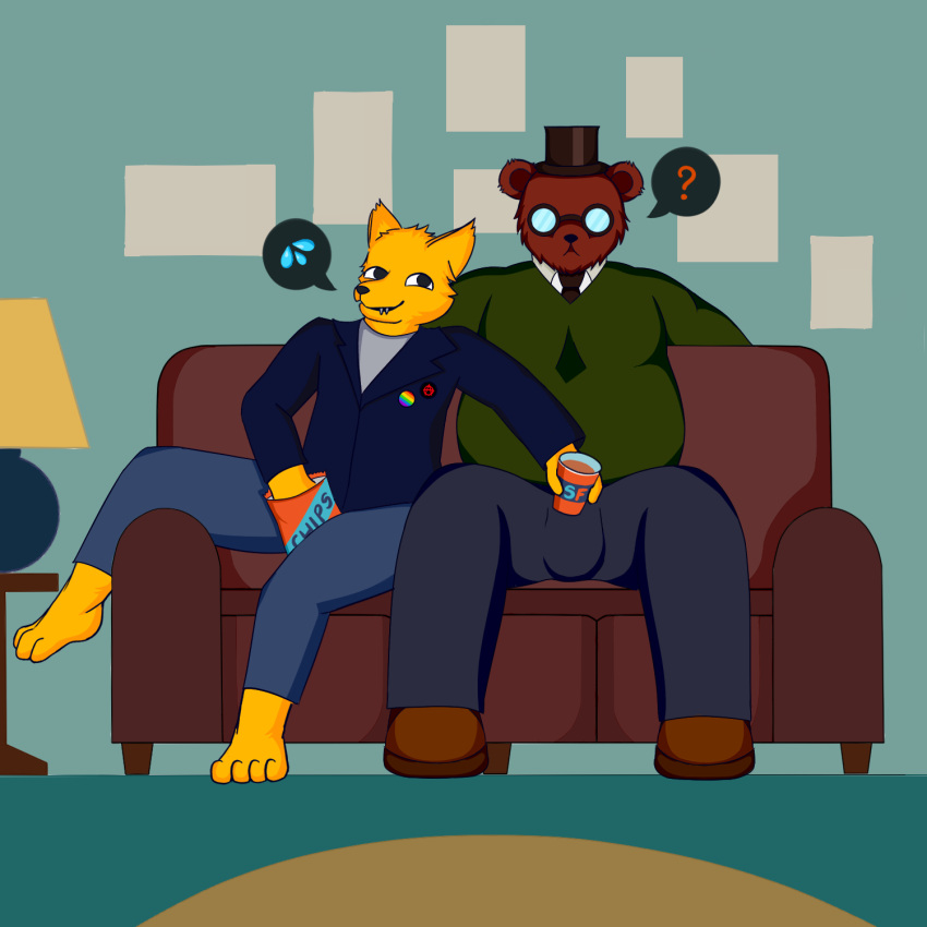 1:1 angus_delaney anthro azusagp bear canid canine canon_couple clothed clothing digital_media_(artwork) duo eyewear feet fox furniture glasses gregg_lee hat headgear headwear hi_res male male/male mammal night_in_the_woods on_sofa overweight overweight_male simple_background sitting sitting_on_sofa sofa ursine