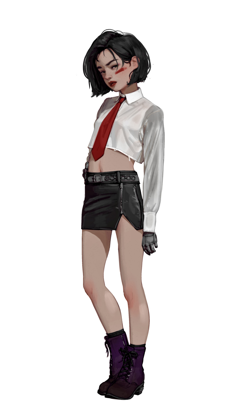 1girl absurdres alita battle_angel_alita black_eyes black_hair black_skirt brown_footwear collared_shirt crop_top diathorn facial_mark full_body highres looking_at_viewer mechanical_hands necktie red_necktie shirt short_hair simple_background skirt solo standing white_background white_shirt