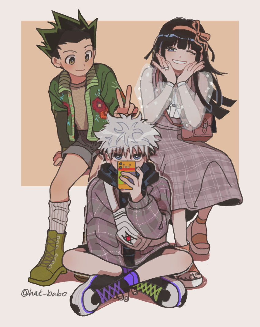 1girl 2boys absurdres alluka_zoldyck bag black_hair black_hoodie blue_eyes brown_bag cellphone dress gon_freecss green_eyes green_footwear green_hair green_jacket hair_ribbon hands_on_own_face hat_babo highres hood hoodie hunter_x_hunter indian_style jacket jewelry killua_zoldyck long_hair looking_at_viewer male_child multiple_boys one_eye_closed phone purple_dress purple_jacket ribbon ring see-through see-through_sleeves shirt short_hair shorts shoulder_bag signature simple_background sitting smartphone smile spiked_hair white_background white_hair white_shirt