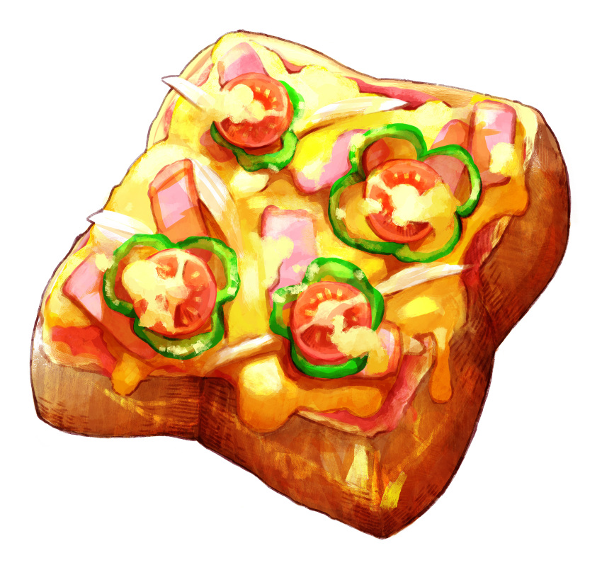 absurdres bell_pepper bell_pepper_slice cheese commentary_request food food_focus green_pepper highres no_humans oikawa_2301 original pizza_toast simple_background still_life white_background