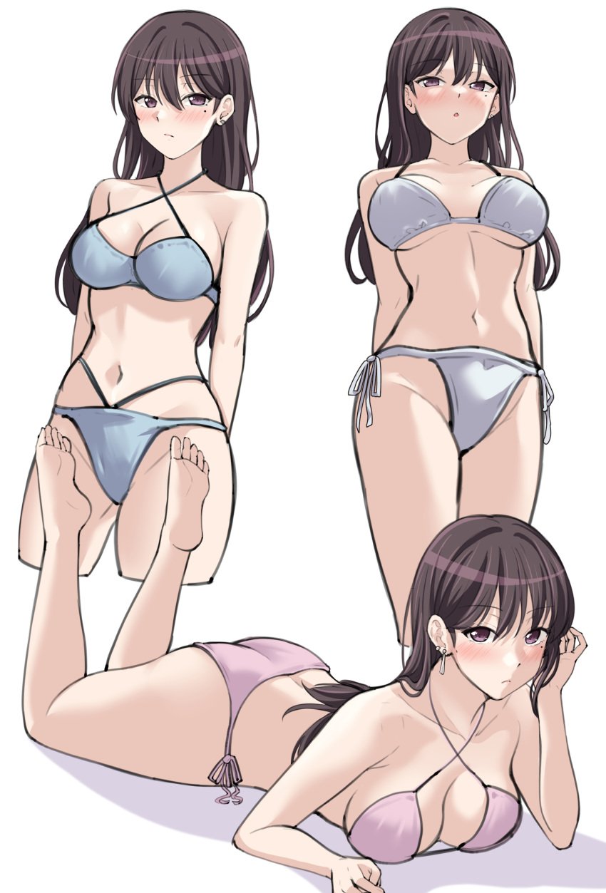 1girl absurdres arms_behind_back ass bang_dream! bare_arms bare_legs bare_shoulders barefoot bikini black_hair blue_bikini blush breasts breasts_apart cleavage closed_mouth collarbone cowboy_shot criss-cross_halter cropped_legs earrings feet_up groin hair_behind_ear hair_between_eyes halterneck hand_up highres jewelry long_hair looking_at_viewer lying medium_breasts mole mole_under_eye multi-strapped_bikini multi-strapped_bikini_bottom multiple_views navel on_stomach parted_lips pink_bikini ptal purple_eyes shina_taki side-tie_bikini_bottom simple_background single_earring soles standing stomach swimsuit the_pose underboob white_background white_bikini