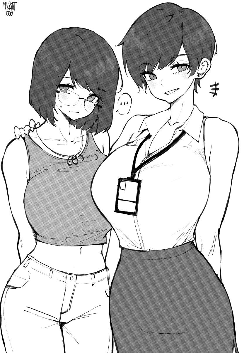 ... 2girls absurdres arm_around_back arms_behind_back artist_name bare_shoulders bob_cut breasts collarbone collared_shirt cowboy_shot crop_top desyana_laurentia glasses grin hand_on_another's_shoulder highres id_card jewelry lanyard large_breasts looking_at_viewer midriff multiple_girls navel necklace norman_maggot office_lady olive_laurentia original pants pencil_skirt pixie_cut shirt shirt_tucked_in siblings simple_background sisters skirt sleeveless sleeveless_shirt smile spoken_ellipsis swept_bangs tank_top tented_shirt white_background wing_collar