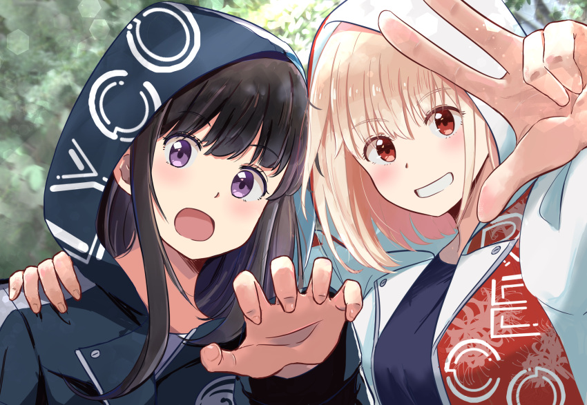 2girls :d black_hair blonde_hair blue_hoodie blue_shirt blurry blush bokeh chai_haru clenched_teeth commentary_request depth_of_field hand_on_another's_shoulder highres hood hood_up hoodie inoue_takina jacket long_hair long_sleeves looking_at_viewer lycoris_recoil multiple_girls nishikigi_chisato open_clothes open_jacket open_mouth paw_pose purple_eyes red_eyes shirt short_hair sidelocks smile teeth upper_body variant_set w white_jacket yuri