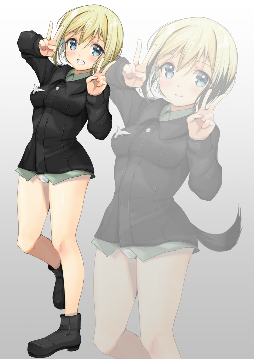 absurdres black_jacket blonde_hair blue_eyes breasts colored_tips dog_tail double_v erica_hartmann feet_out_of_frame full_body grey_shirt grin highres jacket looking_at_viewer medium_breasts military military_uniform multicolored_hair panties shirt short_hair smile strike_witches tail underwear uniform v white_panties world_witches_series yashin_(yasinz) zoom_layer