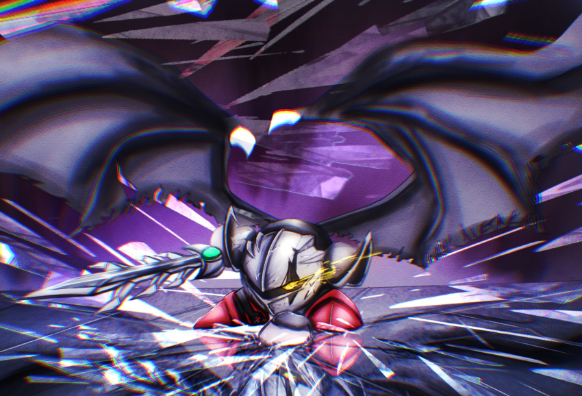 1boy broken_glass broken_mask broken_mirror commentary_request dark_meta_knight glaring glass highres holding holding_sword holding_weapon kirby_(series) looking_at_viewer male_focus mask mirror red_footwear reflection solo_focus sword user_njgv2284 weapon wings yellow_eyes