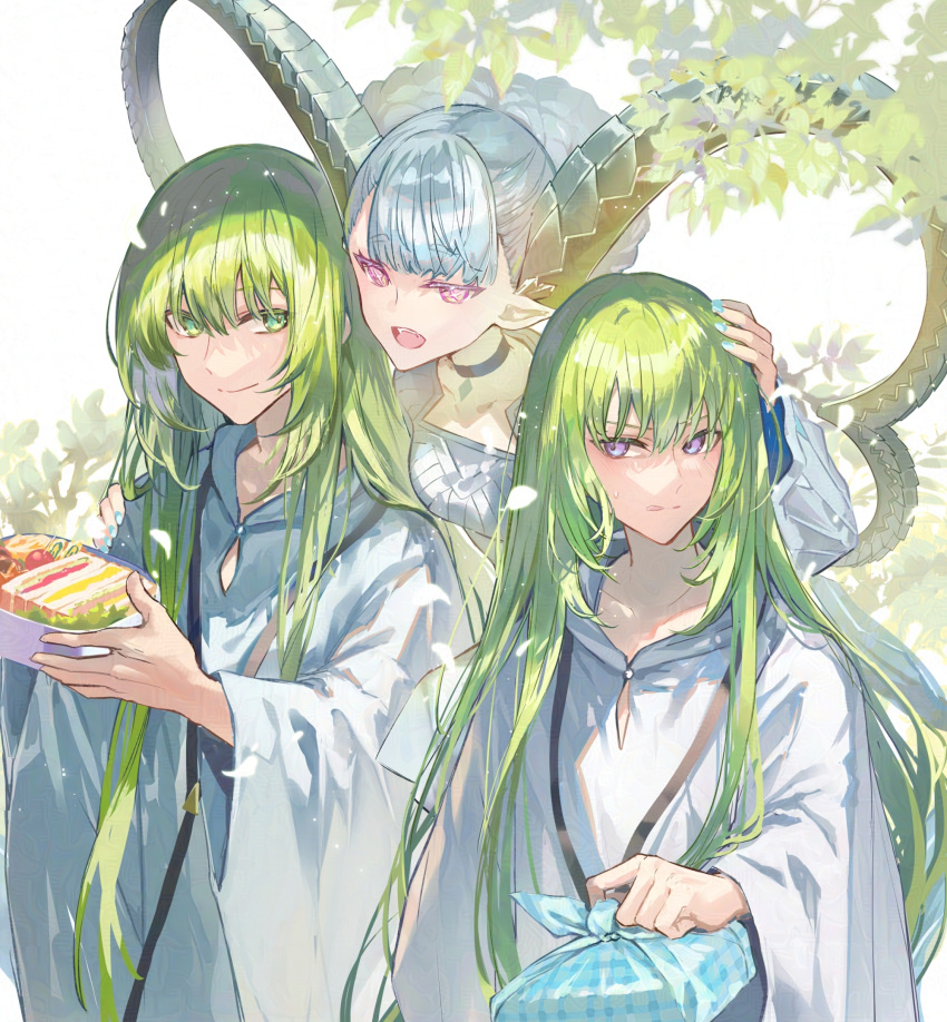 1girl 2others androgynous aqua_hair bento black_choker blue_horns blue_nails blush braid braided_bun choker collarbone curled_horns dress enkidu_(fate) falling_petals fangs fate/grand_order fate_(series) food green_eyes green_hair hair_bun hand_on_another's_head hand_on_another's_shoulder hand_up highres holding holding_bento horns kingu_(fate) larva_tiamat_(fate) larva_tiamat_(first_ascension)_(fate) leaf lettuce light_particles long_hair long_sleeves looking_at_another looking_to_the_side motherly multiple_others nail_polish open_mouth outdoors pendant_choker petals pointy_ears poppoman purple_eyes robe sandwich smile sweat symbol-shaped_pupils tiamat_(fate) tomato white_background white_dress white_robe wide_sleeves wrapped_bento