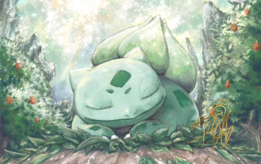 animal_focus berry_(pokemon) bulbasaur bush cheri_berry claws closed_eyes closed_mouth leaf no_humans nostrils outdoors pokemon signature sleeping smile yoshitatsu_ousuke