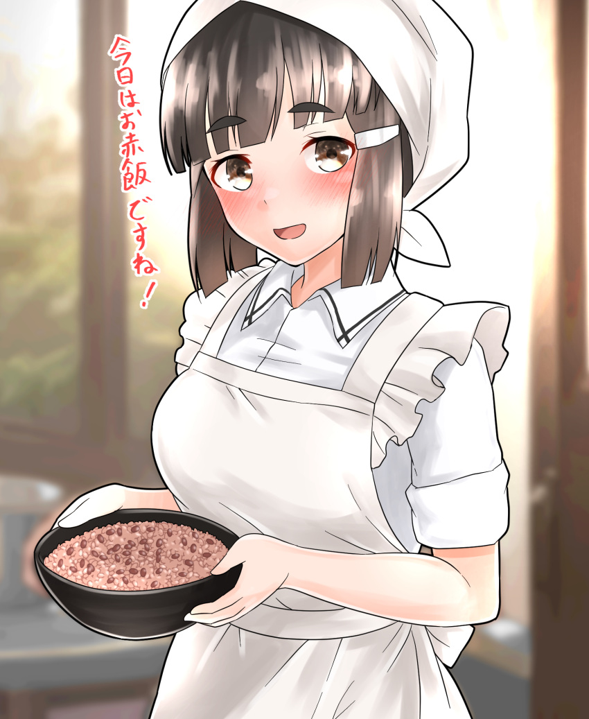 1girl apron beans blush braid braided_bun breasts brown_eyes brown_hair furaggu_(frag_0416) hair_bun hair_ornament hairclip head_scarf highres indoors kantai_collection long_hair looking_at_viewer medium_breasts myoukou_(kancolle) open_mouth short_sleeves single_hair_bun solo upper_body