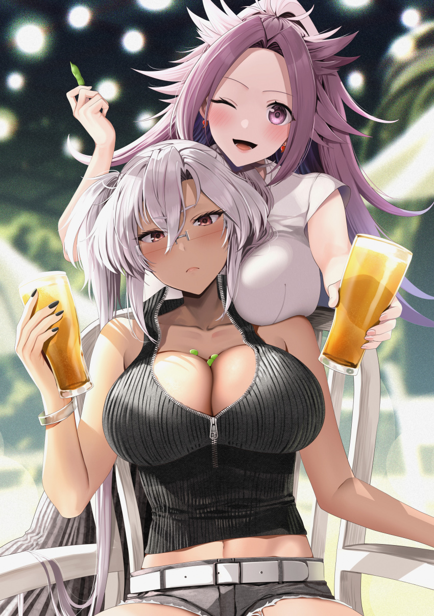 2girls ;d absurdres alternate_costume beer_glass behind_another belt black_nails black_shirt blurry blurry_background bracelet breasts brown_eyes cleavage collarbone collared_shirt commentary_request cup dangle_earrings denim denim_shorts earrings frown grey_hair hair_between_eyes highres holding holding_cup jewelry jun'you_(kancolle) kantai_collection large_breasts long_hair looking_at_viewer midriff multiple_girls musashi_(kancolle) on_chair one_eye_closed outdoors partially_unzipped pink_eyes pink_hair semi-rimless_eyewear shirt shorts sleeveless sleeveless_shirt smile twintails two_side_up white_belt white_shirt yunamaro zipper_pull_tab