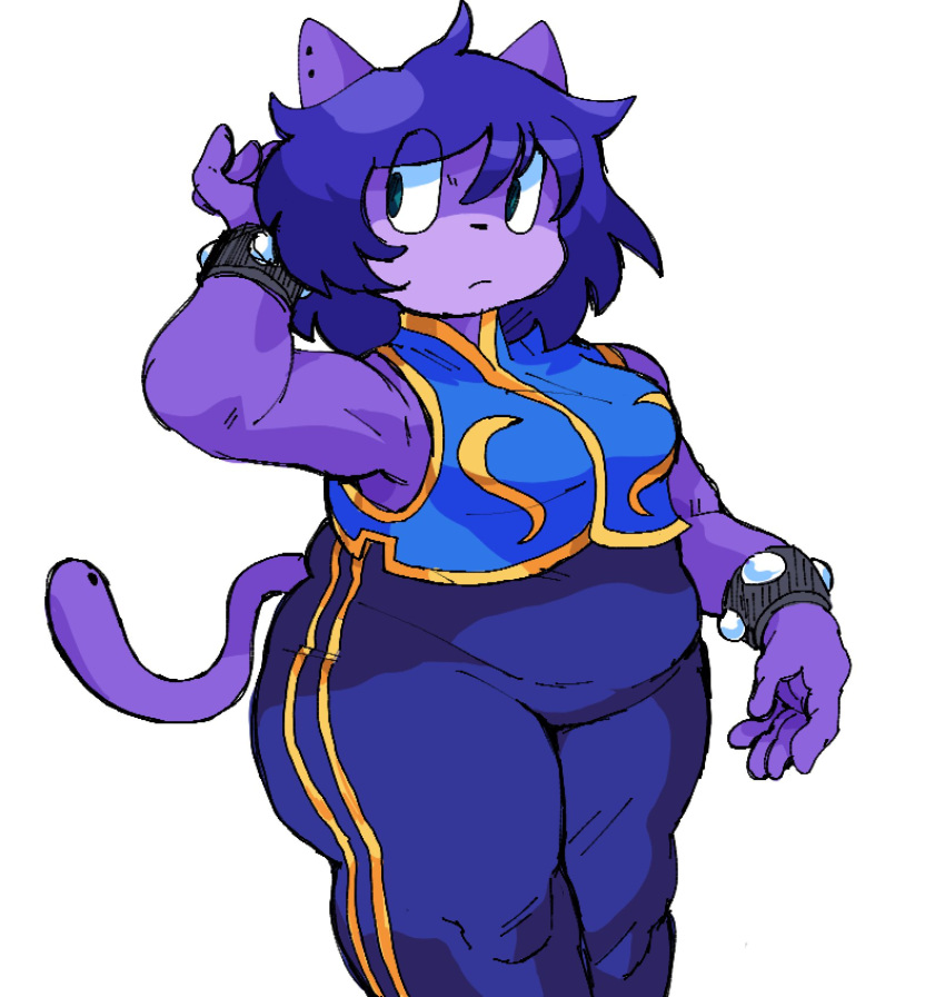 anarchoblues anthro belly biped bodysuit bracelet breasts capcom chun-li clothing cosplay domestic_cat ear_piercing felid feline felis female green_eyes hair hi_res jewelry julie_(anarchoblues) mammal martial_arts_uniform medium_breasts overweight overweight_anthro overweight_female piercing portrait purple_hair simple_background skinsuit solo sportswear standing street_fighter tail thick_thighs three-quarter_portrait tight_clothing white_background