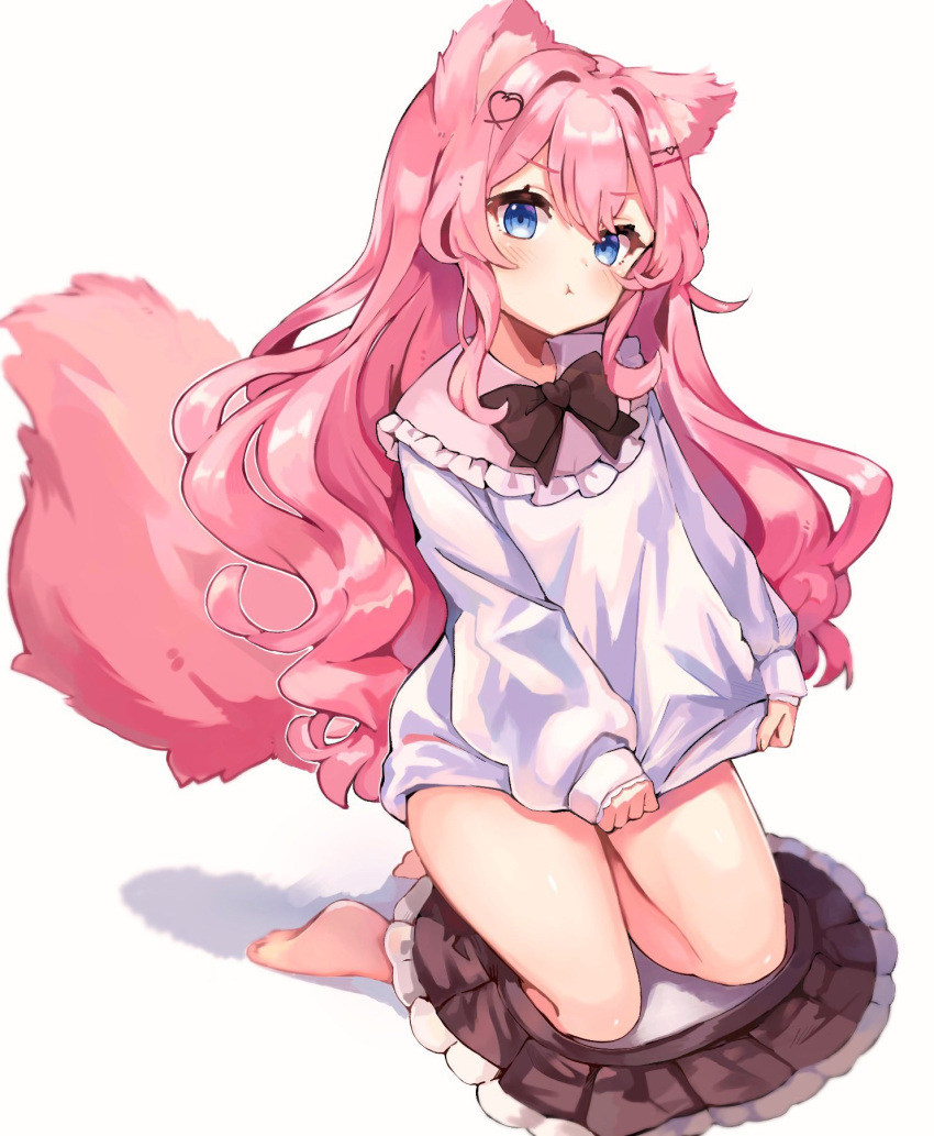 &gt;:( 1girl :t animal_ear_fluff animal_ears bare_legs barefoot black_skirt blue_eyes commission fox_ears fox_girl fox_tail full_body highres indie_virtual_youtuber kneeling long_hair long_sleeves looking_at_viewer momochiru pink_hair pleated_skirt second-party_source skeb_commission skirt skirt_around_ankles sleeves_past_wrists sweater tail v-shaped_eyebrows virtual_youtuber wata_ramune wavy_hair white_sweater