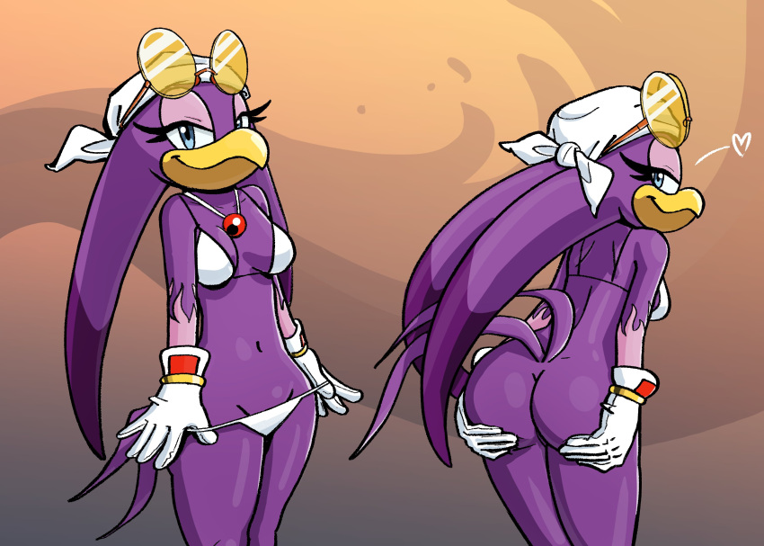 absurd_res anthro beak bedroom_eyes bent_over bottomless butt clothed clothing dubindo eyewear eyewear_on_head feathers female front_view gloves half-closed_eyes handwear hi_res jewelry narrowed_eyes necklace panties panties_down partially_clothed presenting presenting_hindquarters purple_body purple_feathers rear_view seductive sega solo sonic_riders sonic_the_hedgehog_(series) sunglasses sunglasses_on_head swallow_(disambiguation) underwear underwear_down undressing wave_the_swallow