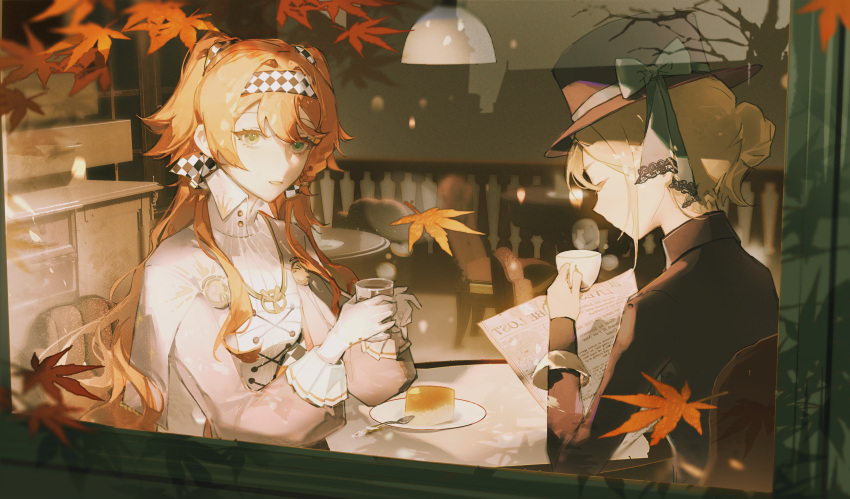 2girls absurdres autumn_leaves black_coat black_headwear blue_bow bow cafe cake cake_slice checkered_hairband closed_eyes coat commentary cup dress english_commentary falling_leaves food from_outside gjygyao green_eyes grey_dress grey_hair hair_bun hat hat_bow highres holding holding_cup holding_newspaper leaf long_hair long_sleeves multiple_girls newspaper orange_hair parted_lips plate reflection reverse:1999 single_side_bun sonetto_(reverse:1999) spoon top_hat two_side_up vertin_(reverse:1999)