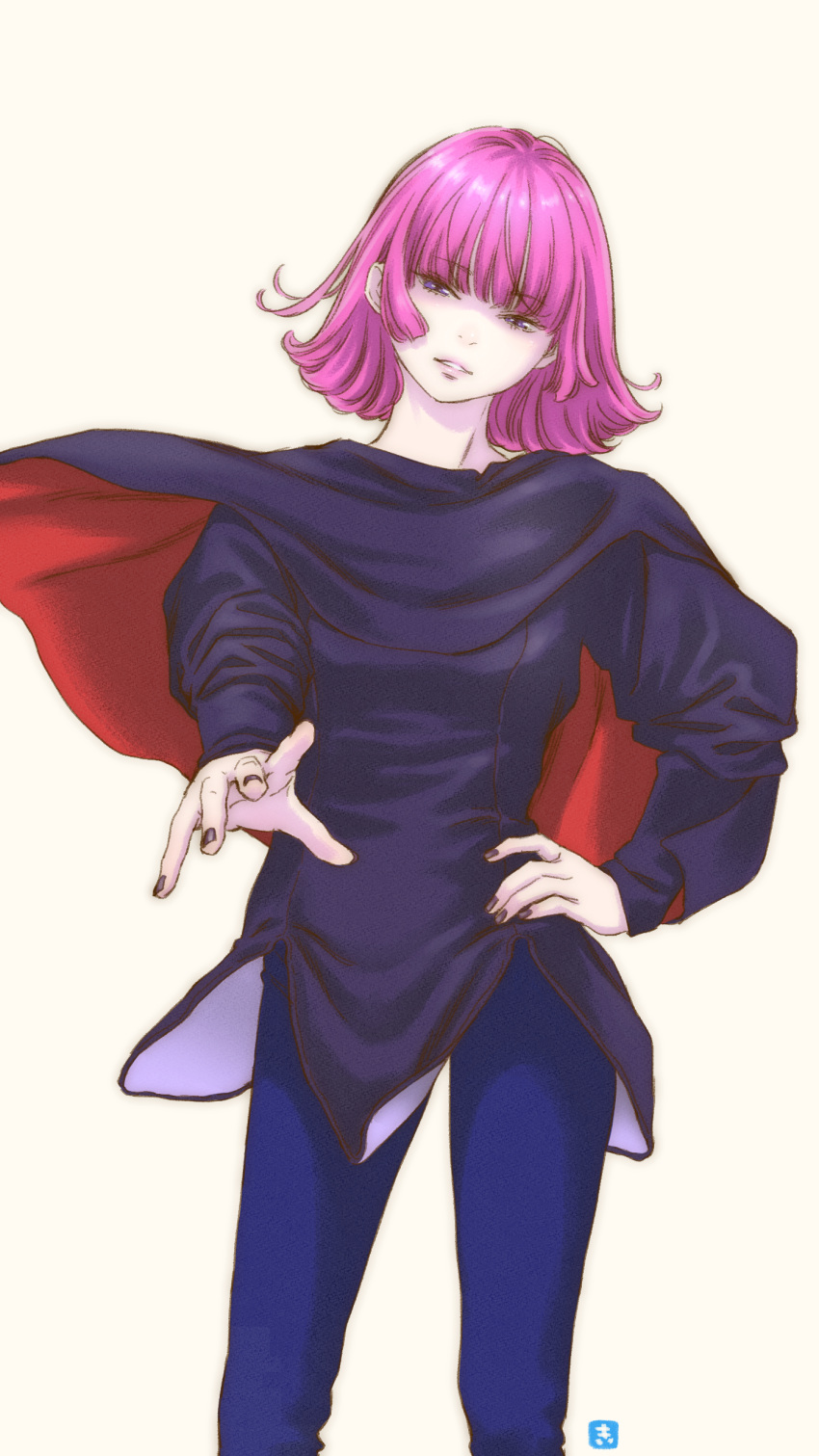 absurdres blue_cloak blue_pants blue_shirt blunt_bangs cloak cropped_legs gundam gundam_zz haman_karn highres key_(kagibangou) medium_hair pants pink_hair pink_lips purple_eyes purple_nails reaching_towards_viewer shirt sidelocks standing white_background