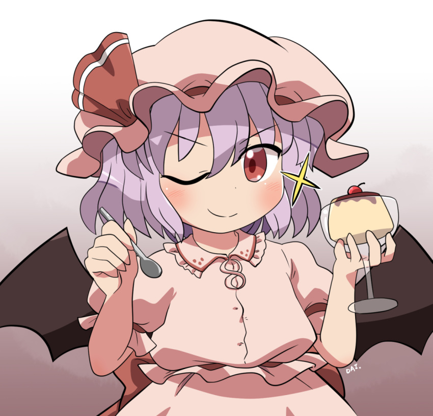 1girl ;) back_bow bat_wings bow cup food gradient_background grey_background hands_up hat holding holding_cup holding_spoon looking_at_viewer mob_cap one_eye_closed pink_shirt pink_skirt pudding purple_hair red_bow red_eyes remilia_scarlet rokugou_daisuke shirt short_hair simple_background skirt skirt_set smile solo sparkle spoon touhou upper_body v-shaped_eyebrows wings