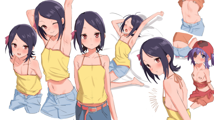 armpits ata_(tsumari) bandaid bandaids_on_nipples bare_shoulders belt black_hair denim denim_shorts downblouse feet flat_chest hair_ribbon halterneck highres kaminogi_haruka noein orange_eyes pasties ribbon short_hair shorts tank_top