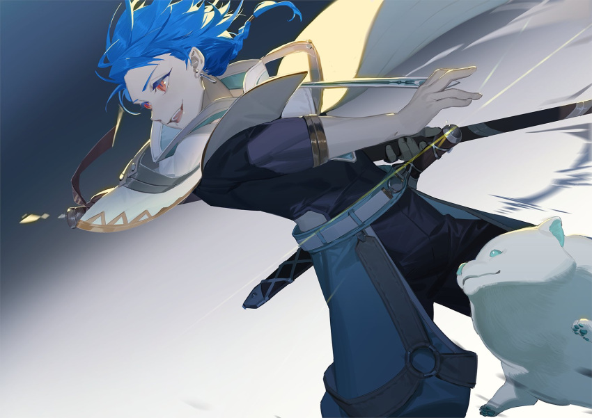 1boy age_regression aged_down animal blue_hair bodysuit bodysuit_under_clothes braid braided_ponytail capelet child cu_chulainn_(fate) dog earrings fate/grand_order fate_(series) highres holding holding_polearm holding_weapon hood hooded_capelet jewelry male_child male_focus multicolored_hair muscular muscular_child nakii polearm puffy_pants puppy red_eyes samoyed_(dog) setanta_(fate) simple_background smile spiked_hair sword two-tone_hair weapon white_background white_dog