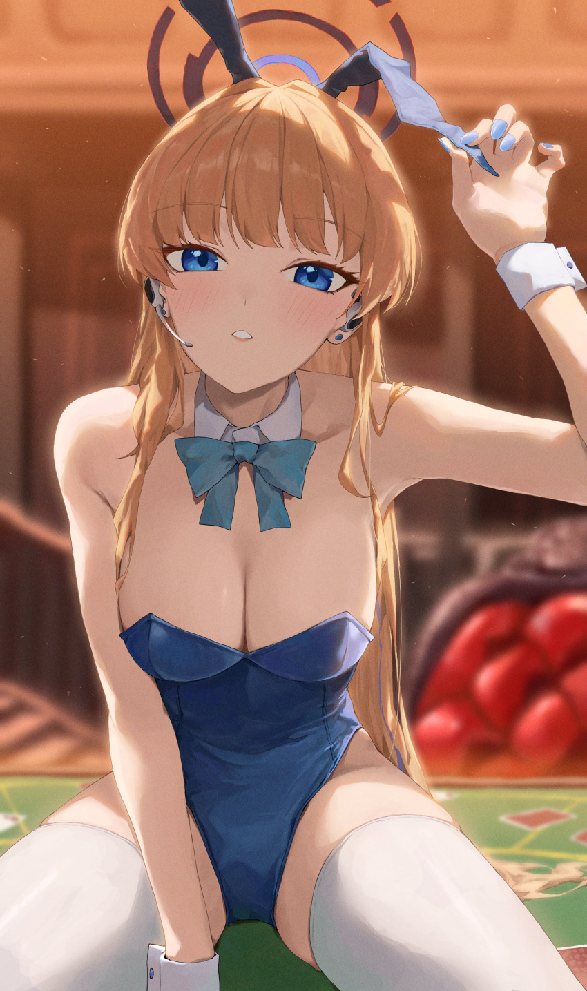 1girl absurdres animal_ears arm_up armpits bare_shoulders blonde_hair blue_archive blue_bow blue_bowtie blue_eyes blue_halo blue_leotard blue_nails blurry blurry_background blush bow bowtie breasts cleavage collar collarbone commentary detached_collar earpiece earrings fake_animal_ears fingernails hair_intakes halo highleg highleg_leotard highres holding_ear indoors jewelry large_breasts leotard long_hair looking_at_viewer nail_polish official_alternate_costume official_alternate_hairstyle on_table open_mouth parted_lips poker poker_table rabbit_ears sitting sitting_on_table solo stud_earrings table tai_saka thighhighs toki_(blue_archive) toki_(bunny)_(blue_archive) white_collar white_thighhighs white_wrist_cuffs