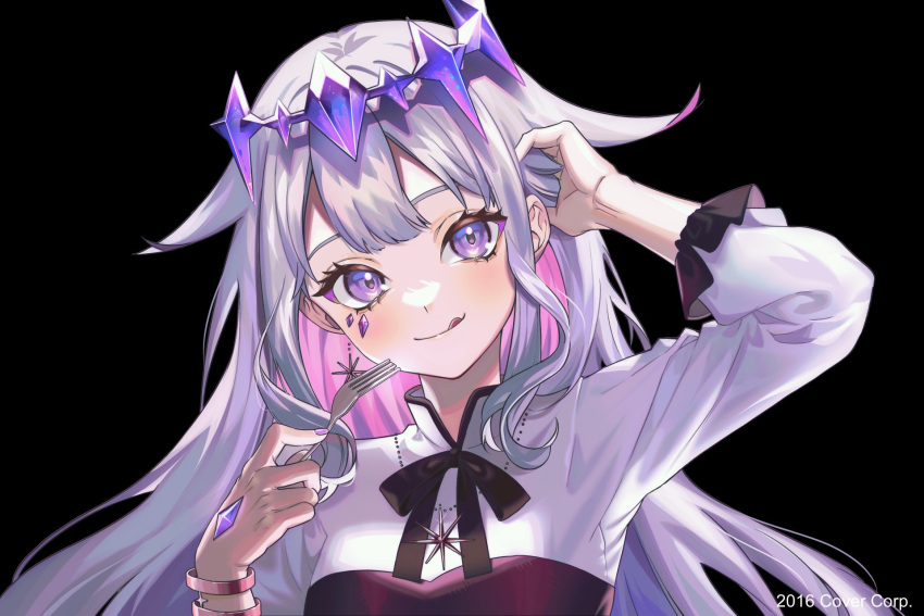 1girl bracelet colored_inner_hair crown earrings fork grey_hair hair_between_eyes hair_flaps hand_in_own_hair highres holding holding_fork hololive hololive_english jewelry koseki_bijou licking_lips long_hair looking_at_viewer multicolored_hair necklace purple_eyes shirt sidelocks star_(symbol) star_earrings star_necklace tongue tongue_out virtual_youtuber white_shirt yunnies