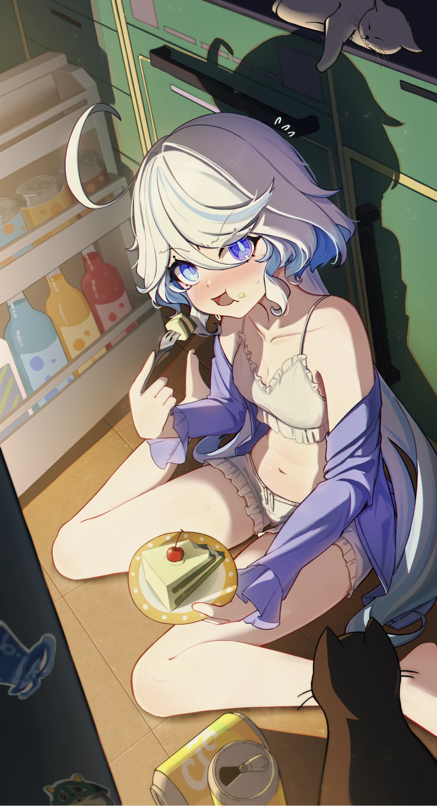 1girl absurdres bare_shoulders black_cat blue_eyes blue_shirt blush breasts cake cake_slice camisole can cat caught cleavage collarbone colored_inner_hair cowlick drop-shaped_pupils eating flying_sweatdrops food food_on_face fork frilled_camisole frilled_shorts frills furina_(genshin_impact) genshin_impact grey_cat grey_hair heterochromia highres holding holding_fork holding_plate indoors laska_(572124034) long_hair magnet mismatched_pupils multicolored_hair navel off_shoulder pants plate refrigerator refrigerator_magnet shirt short_shorts shorts sidelocks sitting small_breasts soda_can solo stomach streaked_hair underwear wariza white_camisole white_pants white_shorts